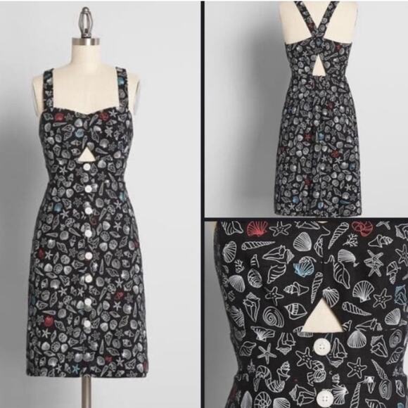 ModCloth Seashells Dress 8 Black Beach Vacation Cutout Linen Retro Coastal New - Picture 1 of 9